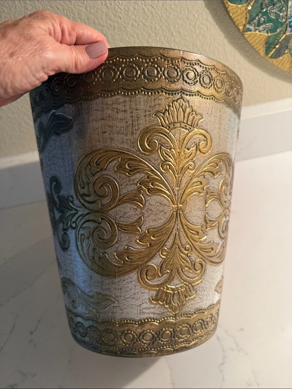 Vintage Italian Gilt Gold and White Embossed Waste Basket